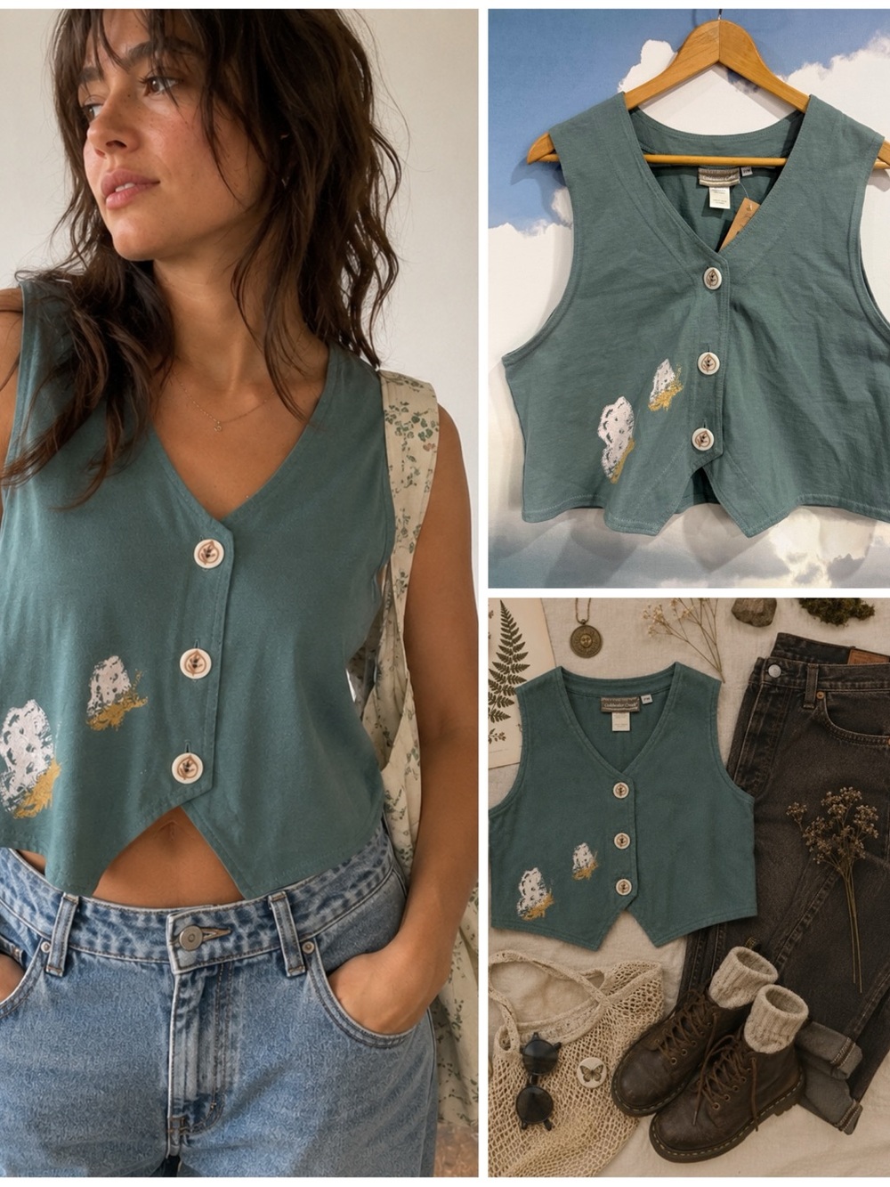 Vintage 90s Butterfly Button Front Crop Vest | Indie Botanical Cottagecore